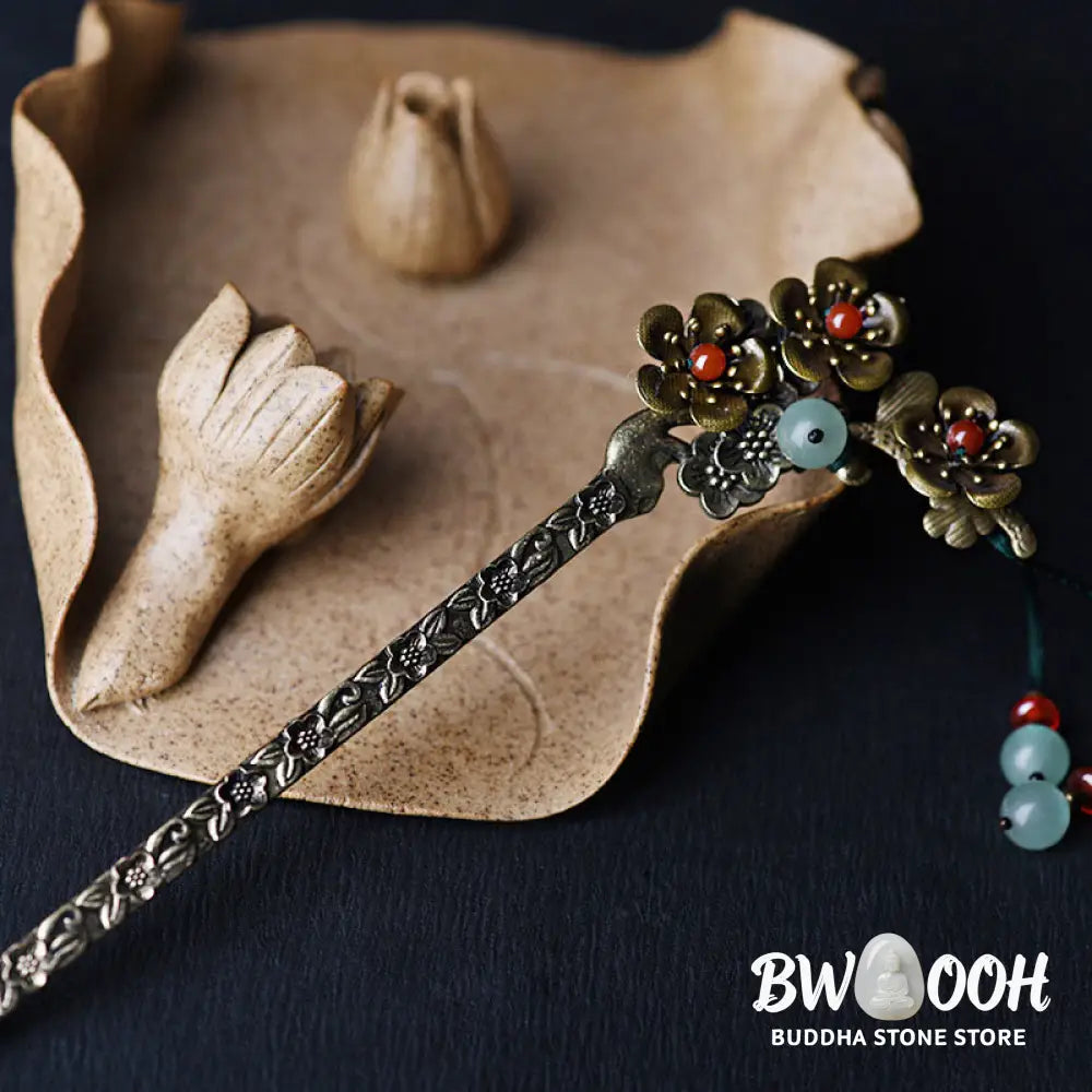 Buddha Stones Green Aventurine Red Agate Alloy Flowers Soothing Hairpin - Alloy Hairpin - Hairpin
