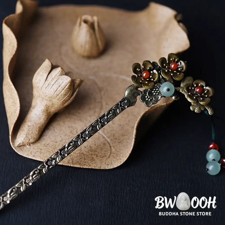 Buddha Stones Green Aventurine Red Agate Alloy Flowers Soothing Hairpin - Alloy Hairpin - Hairpin