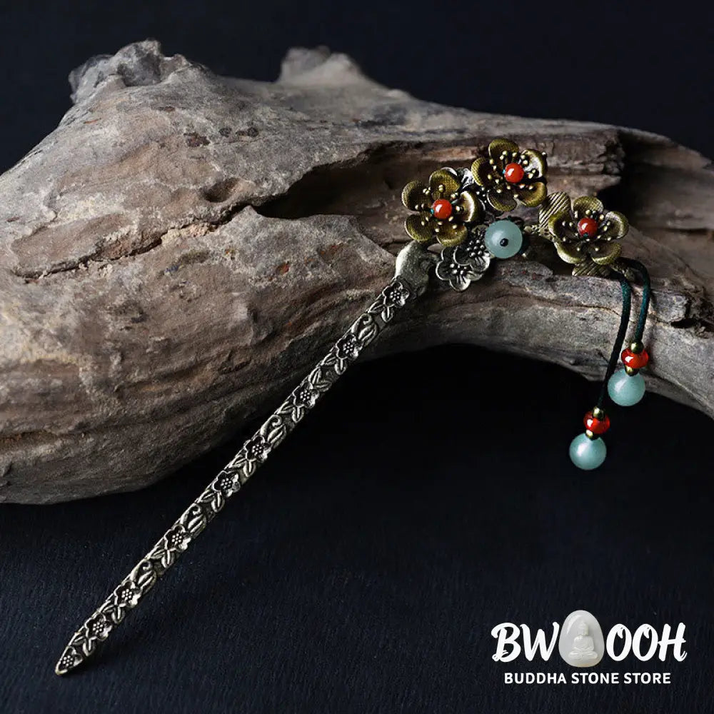 Buddha Stones Green Aventurine Red Agate Alloy Flowers Soothing Hairpin - Alloy Hairpin - Hairpin