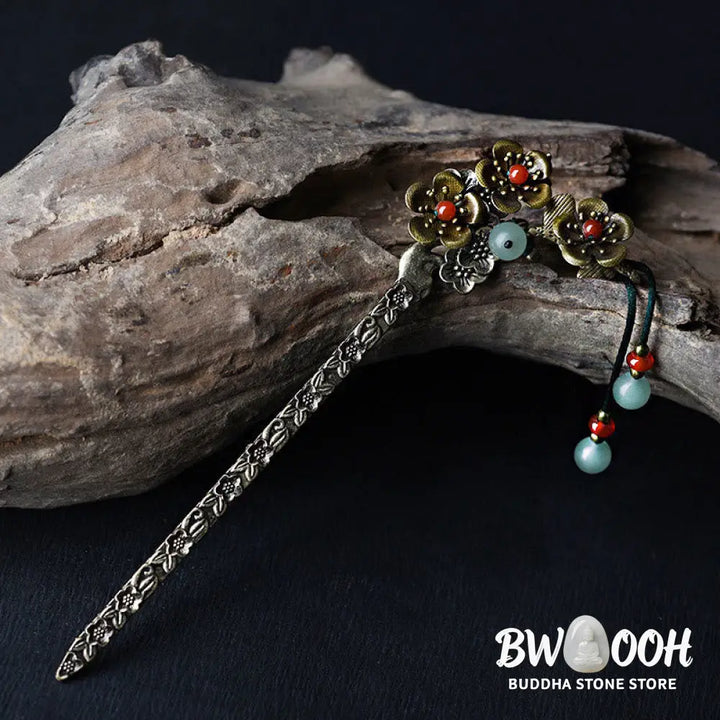 Buddha Stones Green Aventurine Red Agate Alloy Flowers Soothing Hairpin - Alloy Hairpin - Hairpin