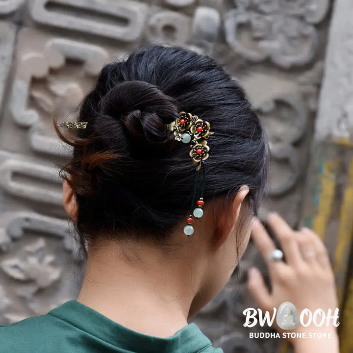 Buddha Stones Green Aventurine Red Agate Alloy Flowers Soothing Hairpin - Alloy Hairpin - Hairpin