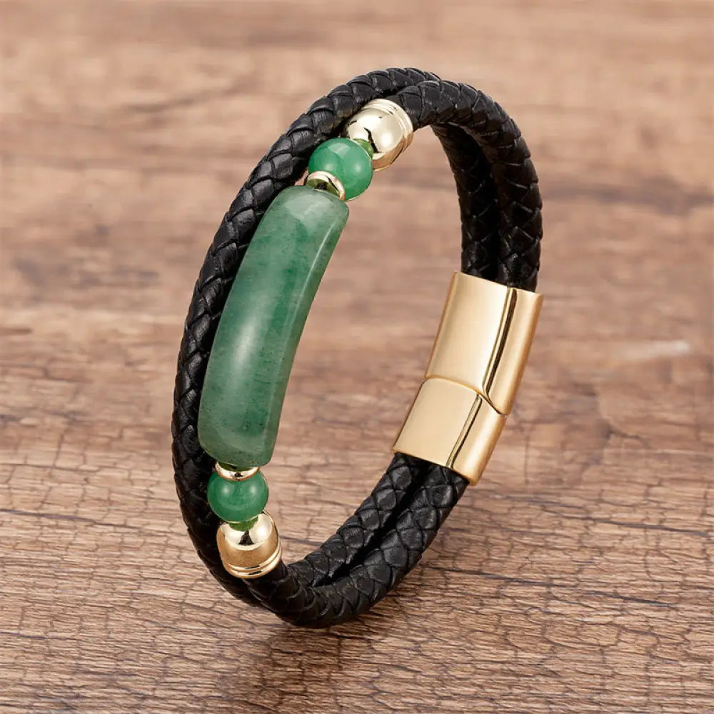 BWOOOH Green Aventurine Tiger Eye Green Agate Black Onyx Hematite Stone Luck Leather Magnetic Buckle Bracelet