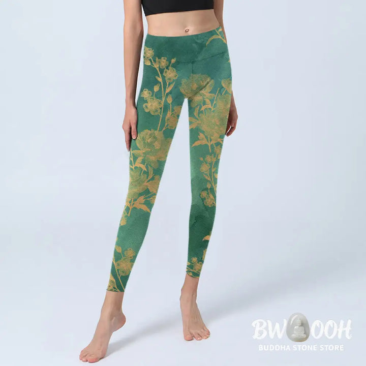 BWOOOH printed yoga leggings - Green Background Golden Branches Peony F