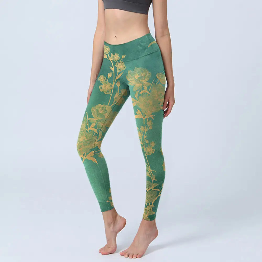 BWOOOH printed yoga leggings - Green Background Golden Branches Peony F