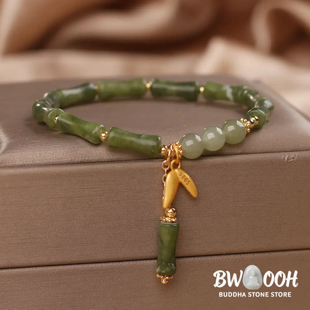 BWOOOH Green Bamboo Jade Leaf Pattern Wealth Luck Bracelet - Green Bamboo Leaf(Wrist Circumference 14-15cm)