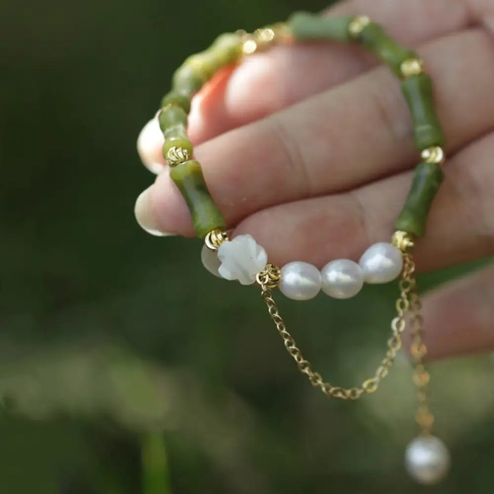 Buddha Stones Green Bamboo Jade Lily of the Valley Wealth Bracelet - BWOOOH - Pearl Rose Bamboo(Perimeter 17 + 5cm)