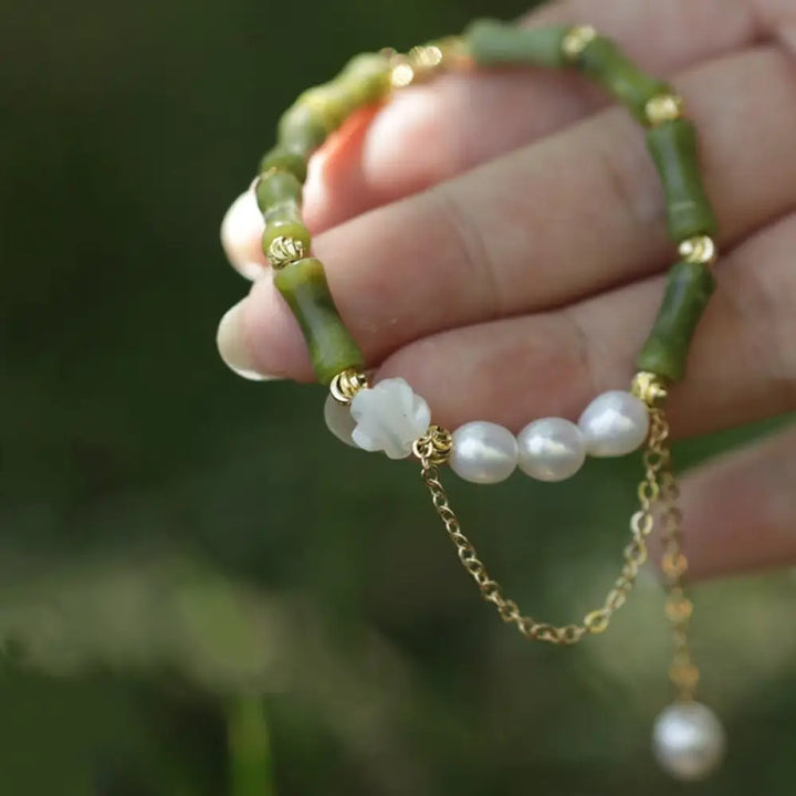 Buddha Stones Green Bamboo Jade Lily of the Valley Wealth Bracelet - BWOOOH - Pearl Rose Bamboo(Perimeter 17 + 5cm)
