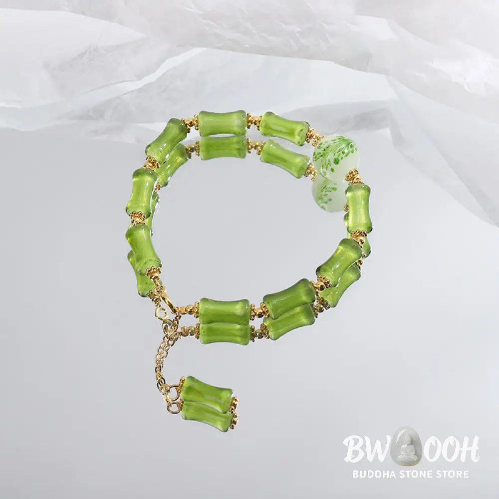 Buddha Stones Green Bamboo Pattern Liuli Crystal Moss Agate Wealth Chain Bracelet - BWOOOH - Green Bamboo - Bracelet