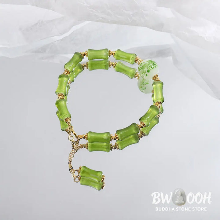 Buddha Stones Green Bamboo Pattern Liuli Crystal Moss Agate Wealth Chain Bracelet - BWOOOH - Green Bamboo - Bracelet