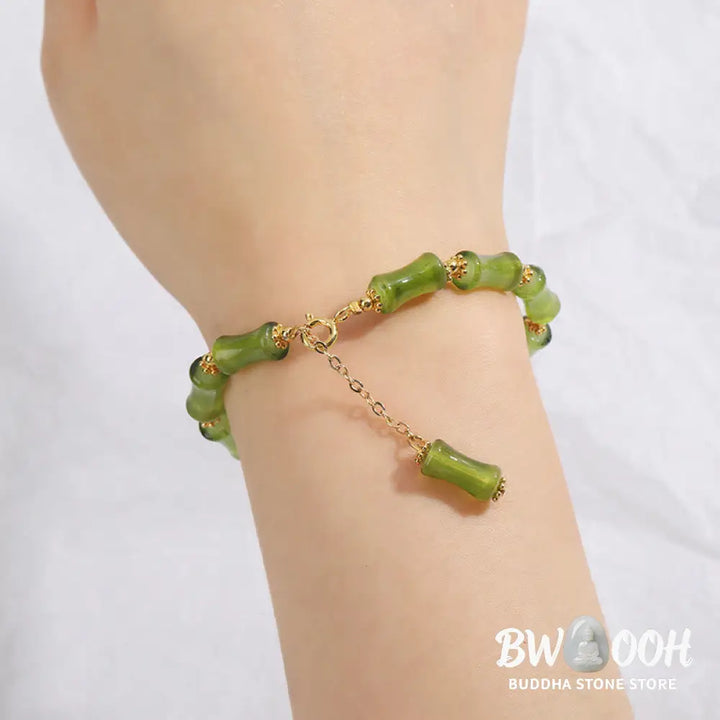 Buddha Stones Green Bamboo Pattern Liuli Crystal Moss Agate Wealth Chain Bracelet - BWOOOH - Green Bamboo - Bracelet