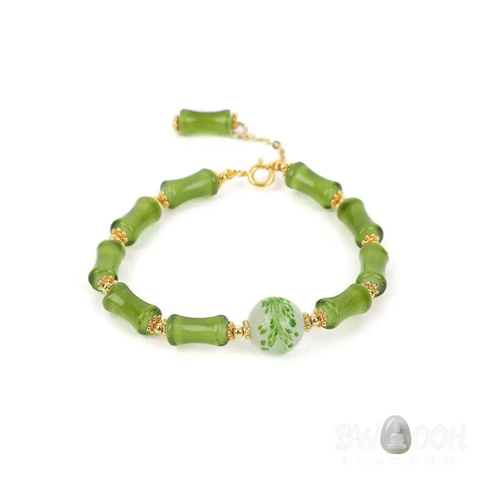 Buddha Stones Green Bamboo Pattern Liuli Crystal Moss Agate Wealth Chain Bracelet - BWOOOH - Green Bamboo - Bracelet