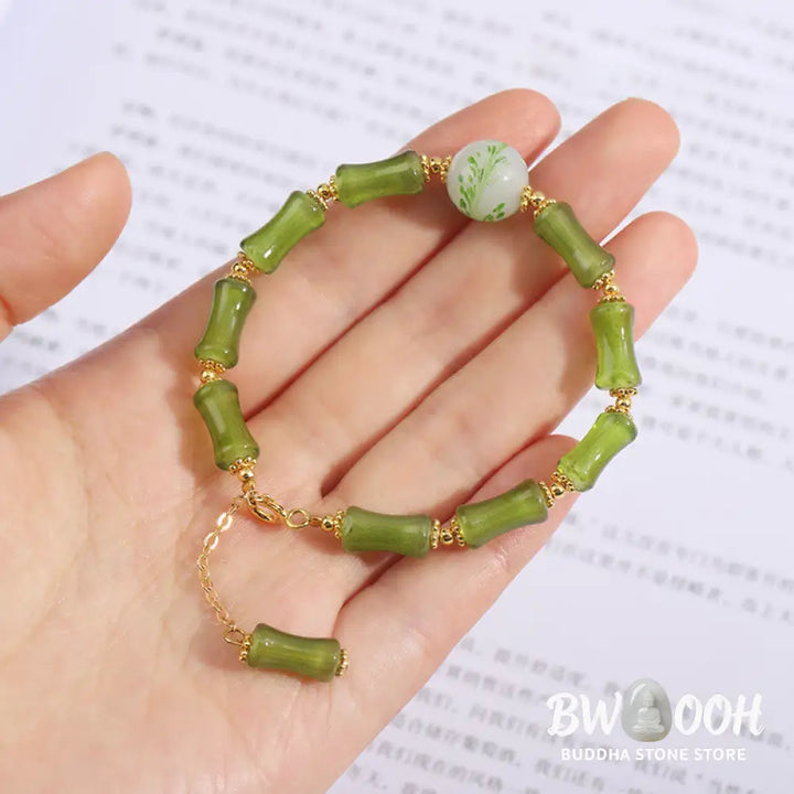 Buddha Stones Green Bamboo Pattern Liuli Crystal Moss Agate Wealth Chain Bracelet - BWOOOH - Green Bamboo - Bracelet