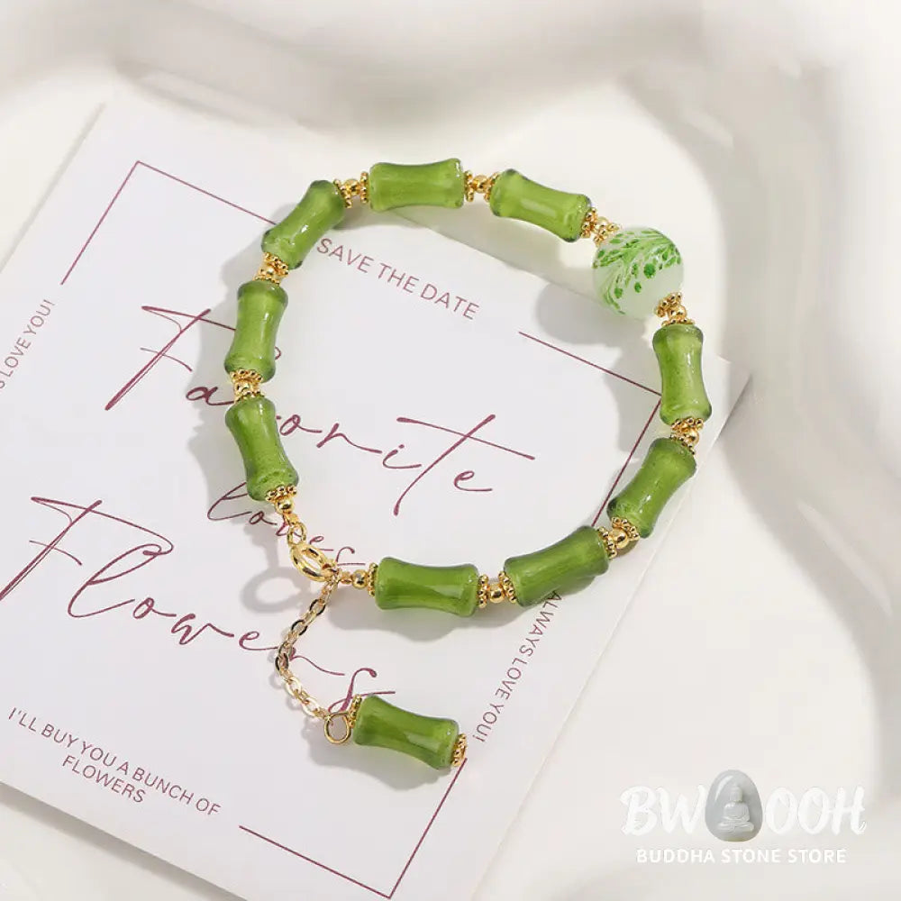 Buddha Stones Green Bamboo Pattern Liuli Crystal Moss Agate Wealth Chain Bracelet - BWOOOH - Green Bamboo - Bracelet
