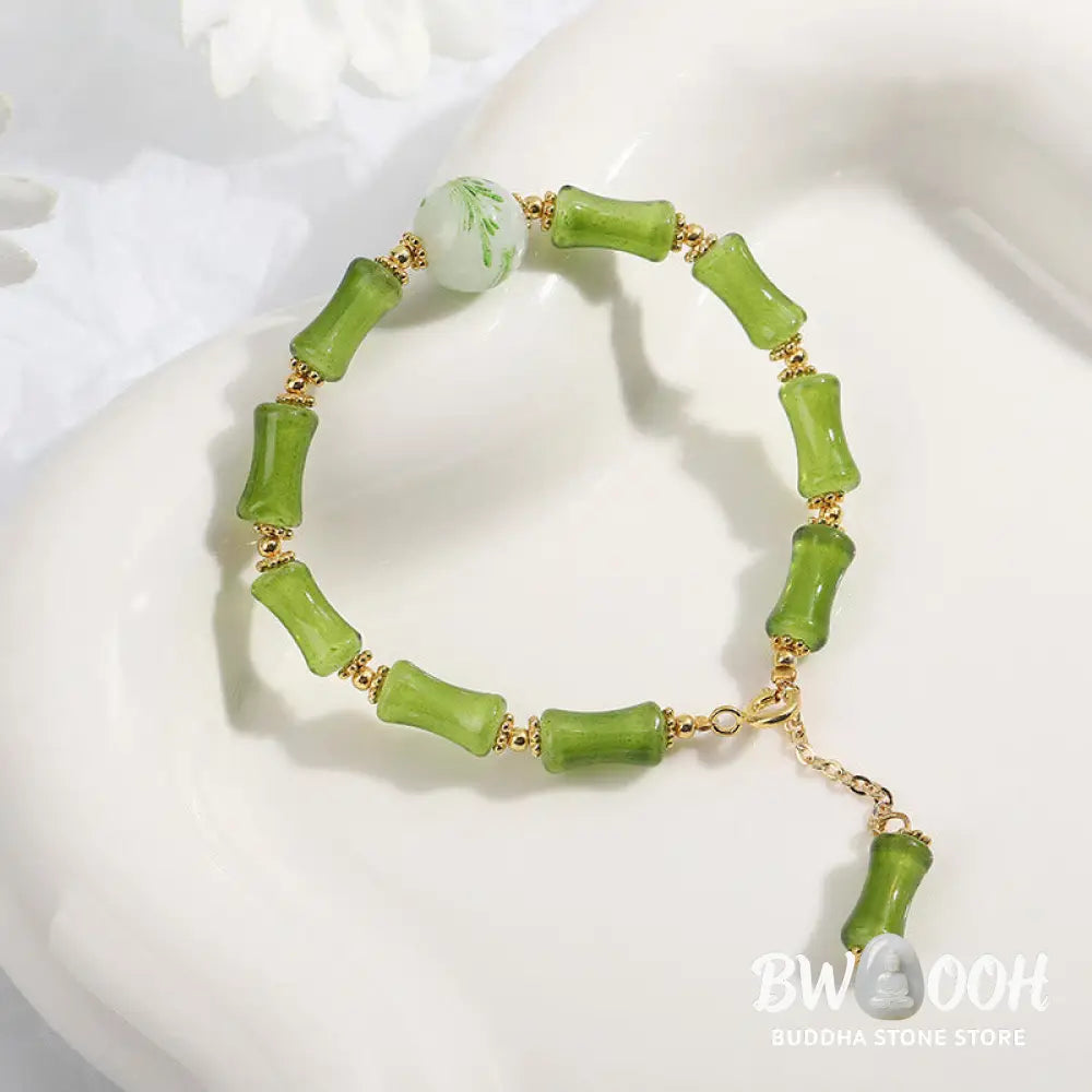 Buddha Stones Green Bamboo Pattern Liuli Crystal Moss Agate Wealth Chain Bracelet - BWOOOH - Green Bamboo - Bracelet