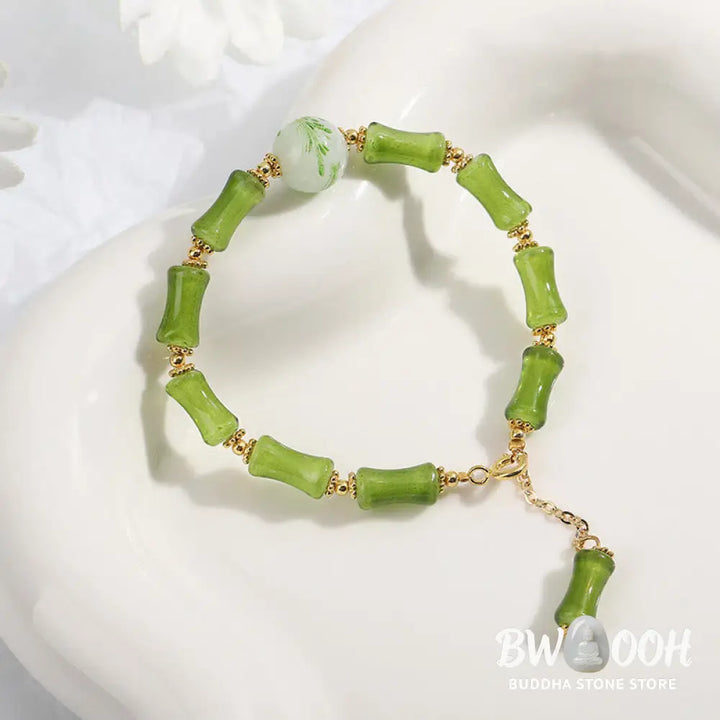 Buddha Stones Green Bamboo Pattern Liuli Crystal Moss Agate Wealth Chain Bracelet - BWOOOH - Green Bamboo - Bracelet