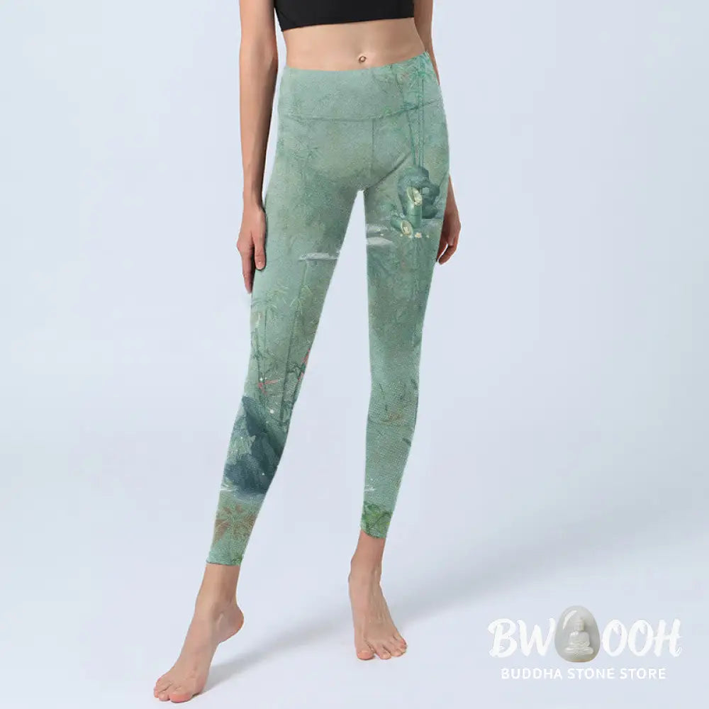 BWOOOH printed yoga leggings - Green Bamboo Rocks Print Sports Fitness 