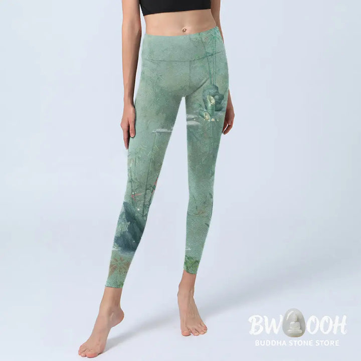 BWOOOH printed yoga leggings - Green Bamboo Rocks Print Sports Fitness 
