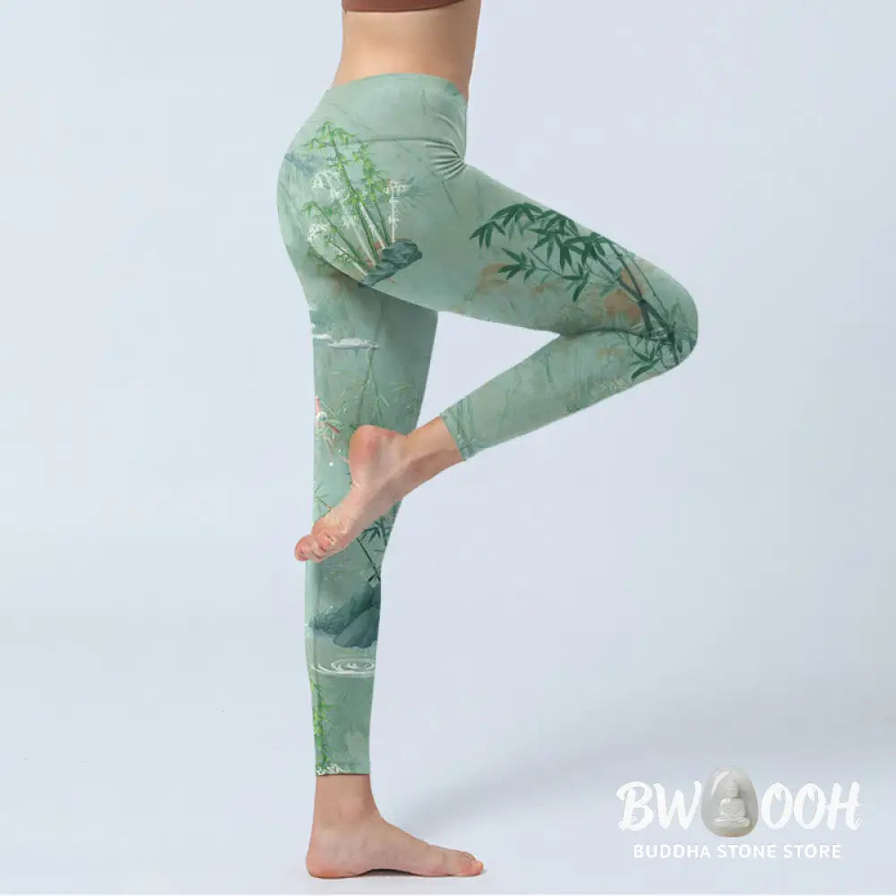 BWOOOH printed yoga leggings - Green Bamboo Rocks Print Sports Fitness 