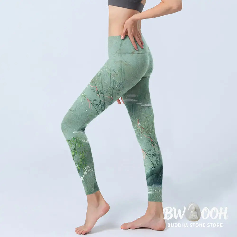 BWOOOH printed yoga leggings - Green Bamboo Rocks Print Sports Fitness 