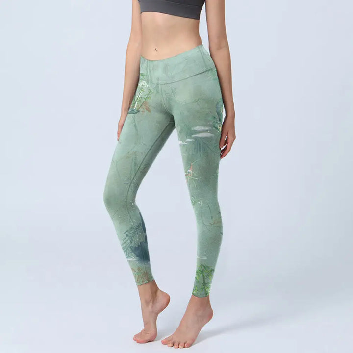BWOOOH printed yoga leggings - Green Bamboo Rocks Print Sports Fitness 
