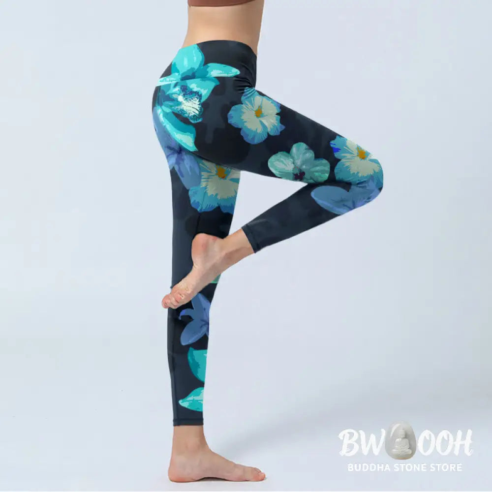BWOOOH lotus print yoga leggings - Green Blue Floral Print Exercise Legging