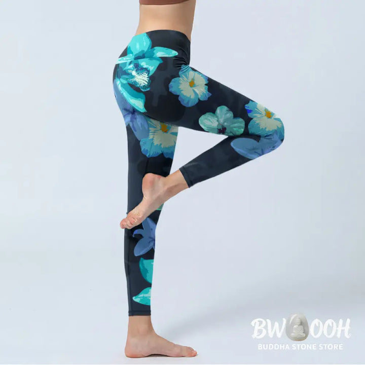 BWOOOH lotus print yoga leggings - Green Blue Floral Print Exercise Legging