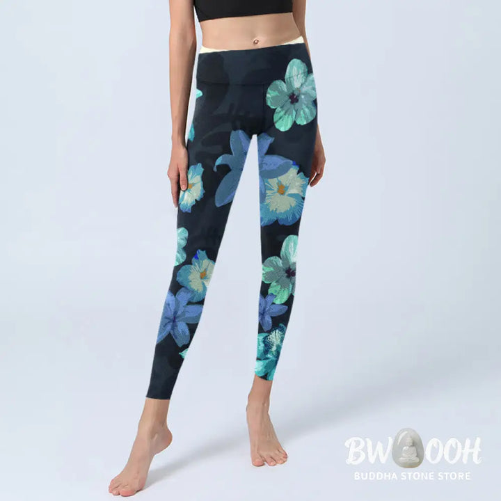 BWOOOH lotus print yoga leggings - Green Blue Floral Print Exercise Legging