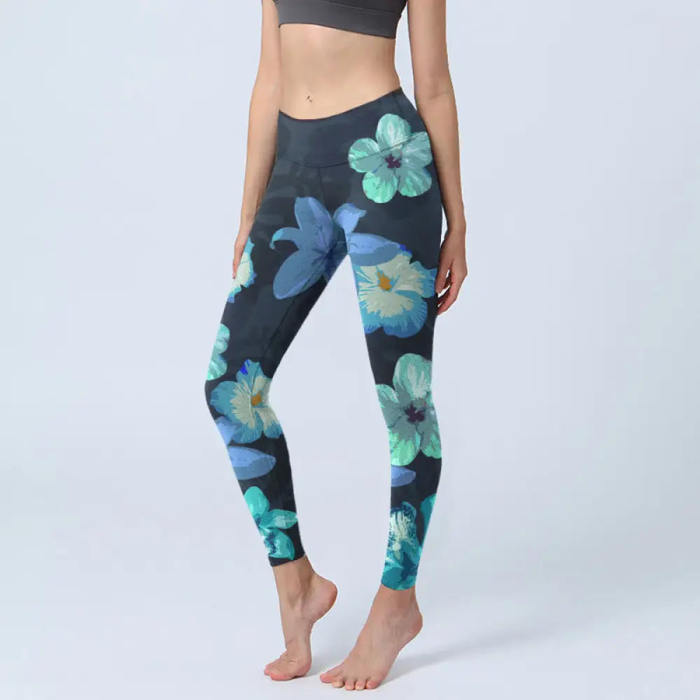 BWOOOH lotus print yoga leggings - Green Blue Floral Print Exercise Legging
