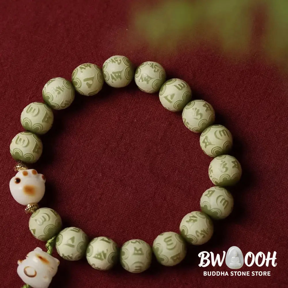 Buddha Stones Green Bodhi Seed Cat Paw Om Mani Padme Hum Engraved Wisdom Bracelet - BWOOOH - Bodhi