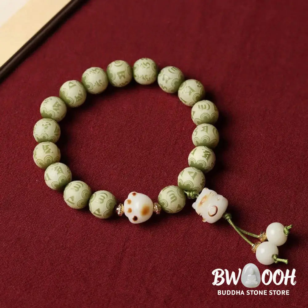 Buddha Stones Green Bodhi Seed Cat Paw Om Mani Padme Hum Engraved Wisdom Bracelet - BWOOOH - Bodhi