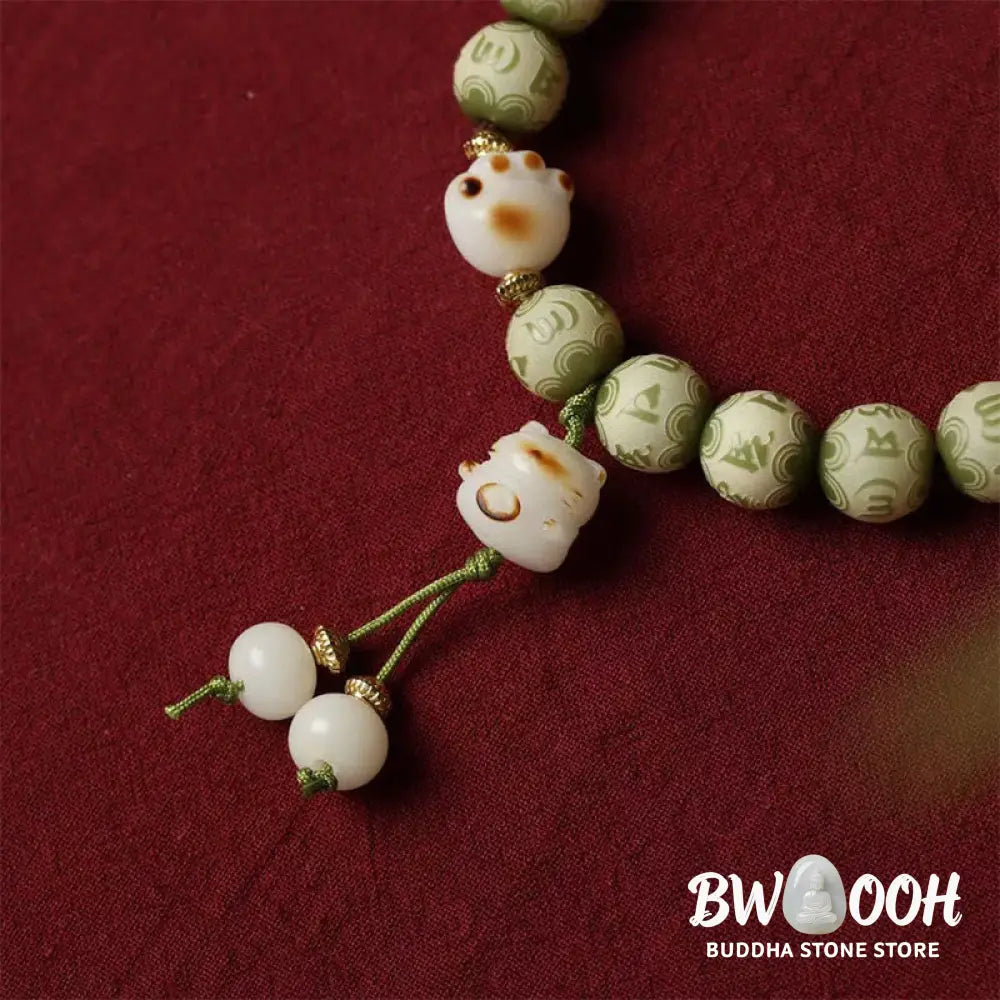 Buddha Stones Green Bodhi Seed Cat Paw Om Mani Padme Hum Engraved Wisdom Bracelet - BWOOOH - Bodhi