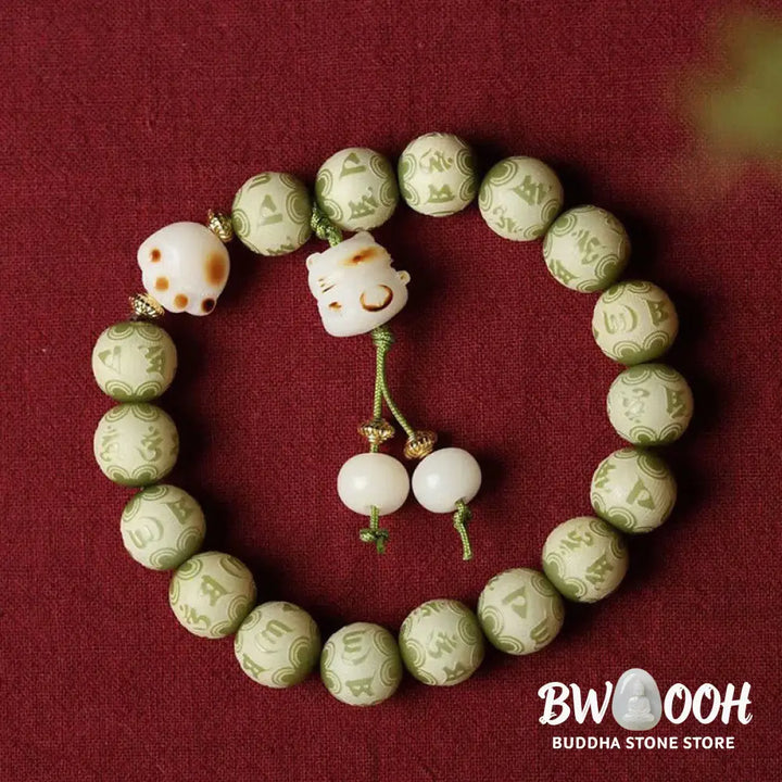 Buddha Stones Green Bodhi Seed Cat Paw Om Mani Padme Hum Engraved Wisdom Bracelet - BWOOOH - Bodhi