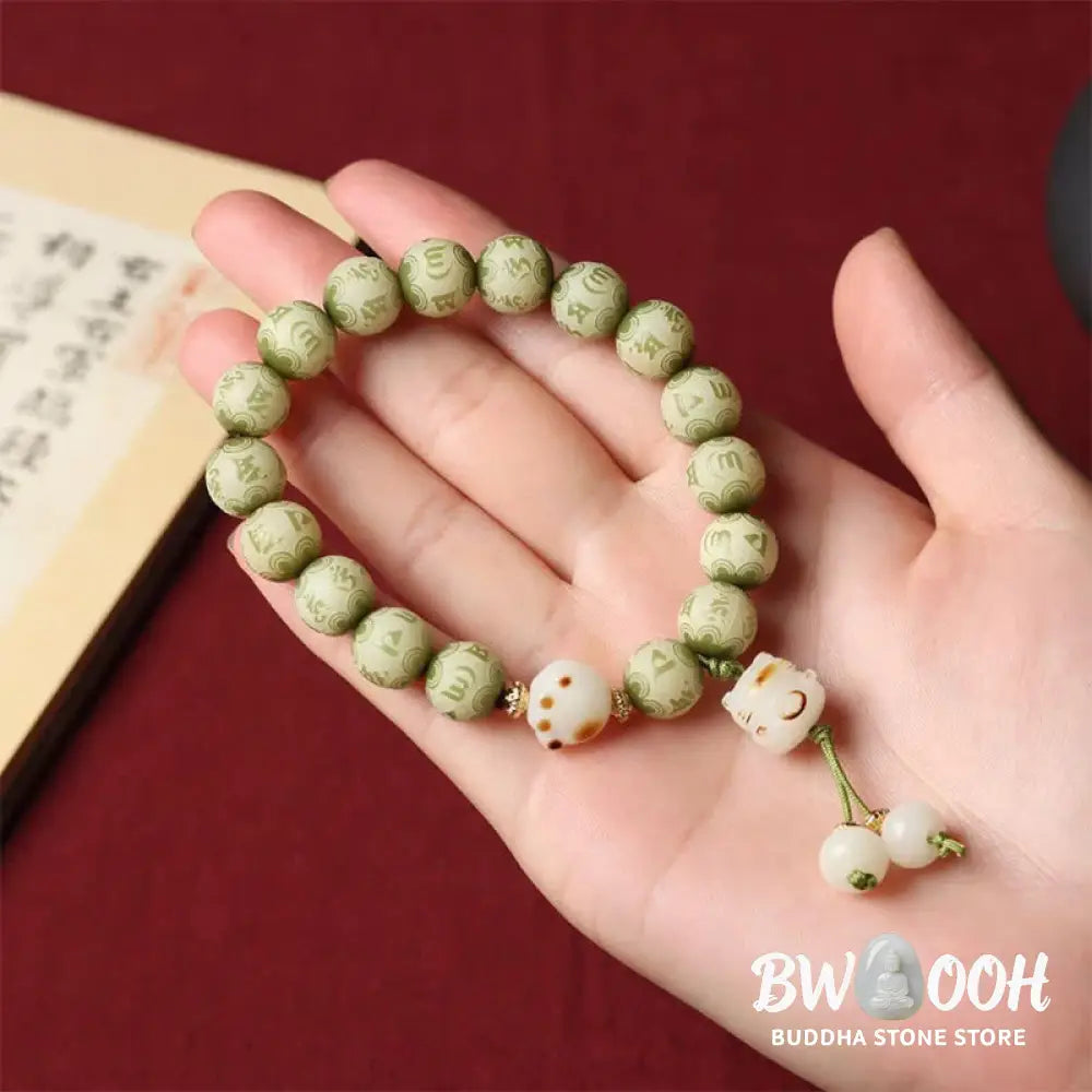 Buddha Stones Green Bodhi Seed Cat Paw Om Mani Padme Hum Engraved Wisdom Bracelet - BWOOOH - Bodhi