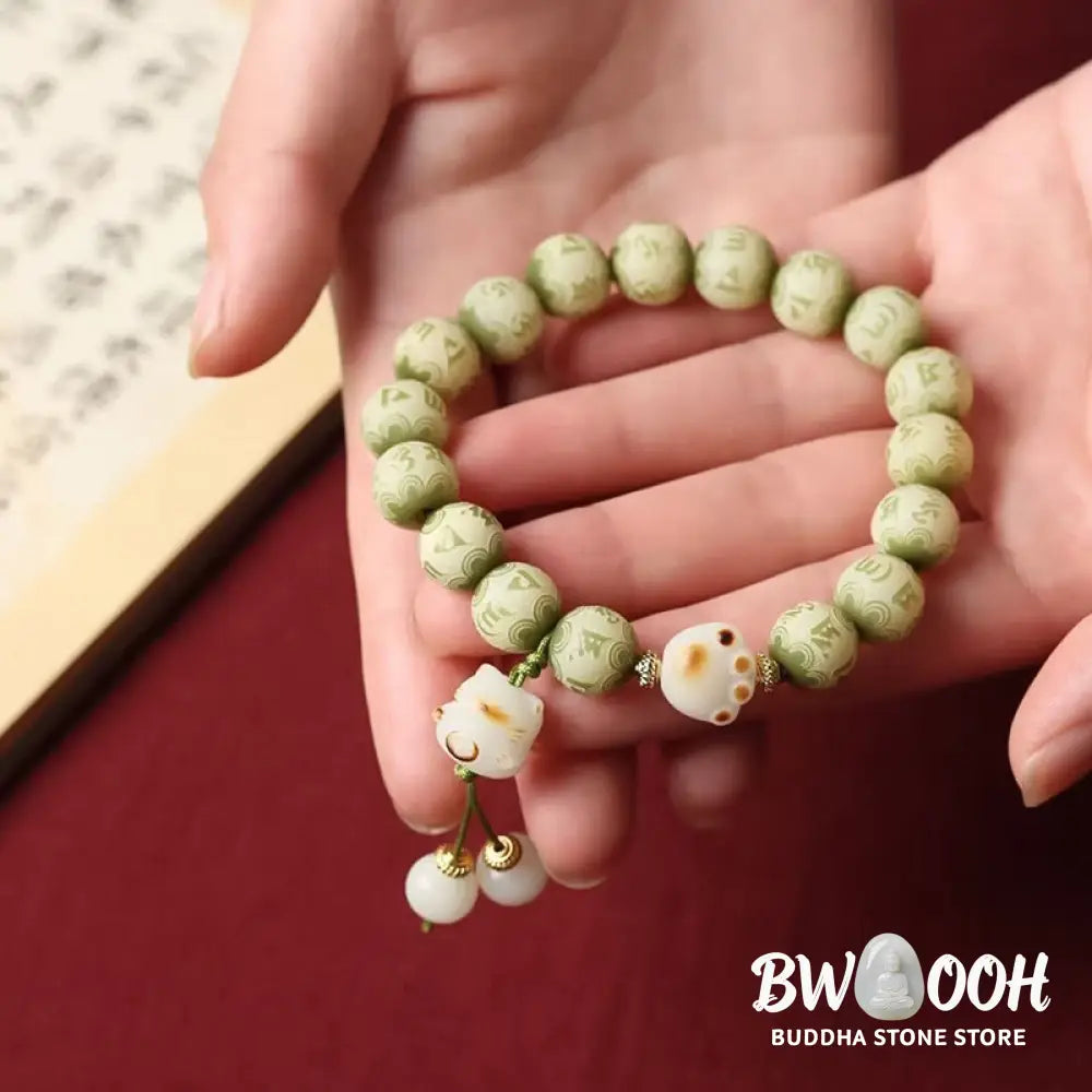 Buddha Stones Green Bodhi Seed Cat Paw Om Mani Padme Hum Engraved Wisdom Bracelet - BWOOOH - Bodhi