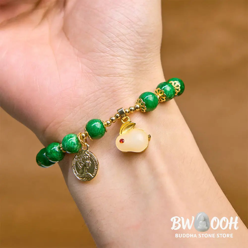 Buddha Stones Green Calcite Lovely Rabbit Charm Clarity Bracelet - BWOOOH - Green Calcite(Wrist Circumference 14-16cm)