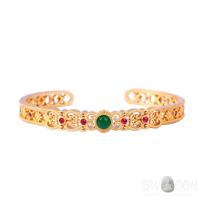 Buddha Stones Green Chalcedony 24k Gold Plated Copper Strength Cuff Bracelet Bangle - BWOOOH - Green Chalcedony