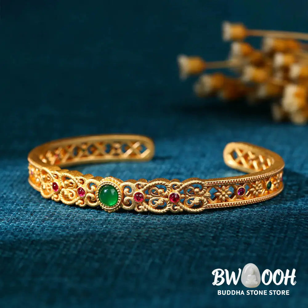 Buddha Stones Green Chalcedony 24k Gold Plated Copper Strength Cuff Bracelet Bangle - BWOOOH - Green Chalcedony