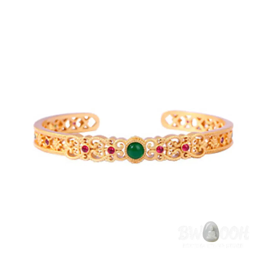 Buddha Stones Green Chalcedony 24k Gold Plated Copper Strength Cuff Bracelet Bangle - BWOOOH - Green Chalcedony