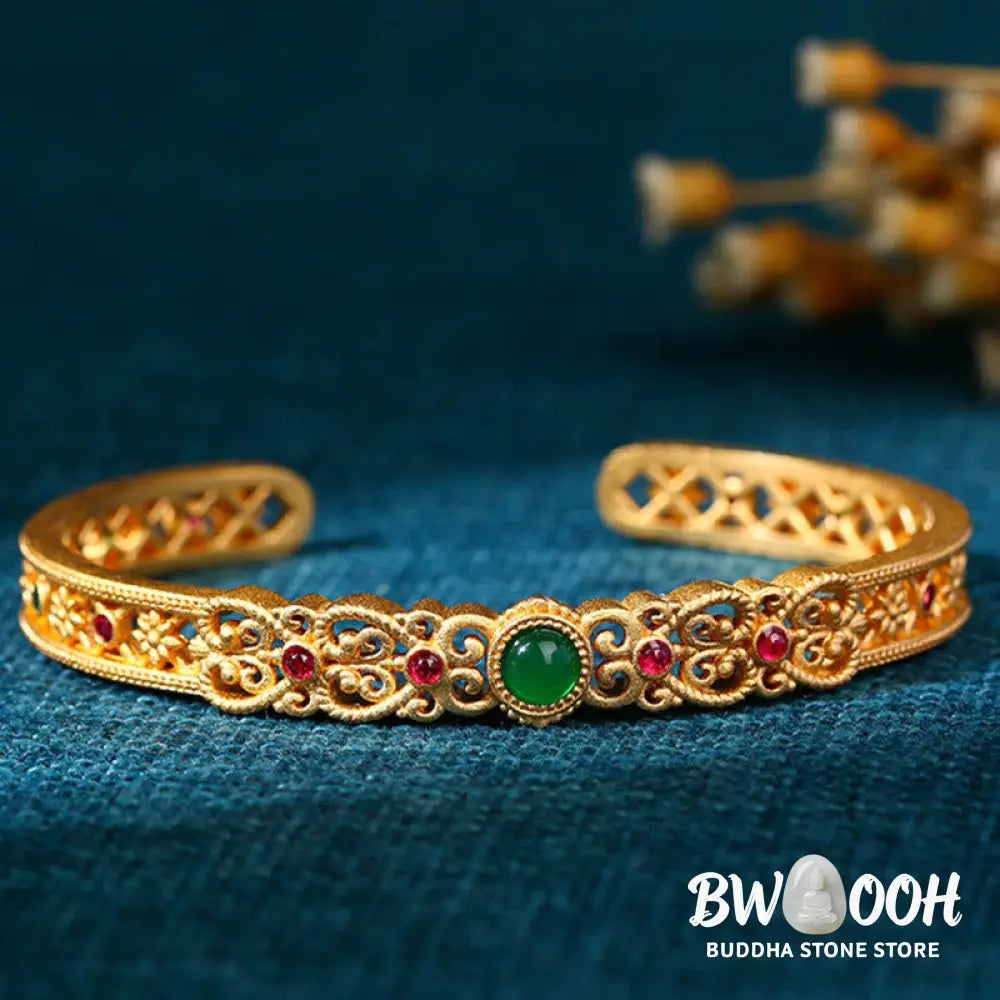 Buddha Stones Green Chalcedony 24k Gold Plated Copper Strength Cuff Bracelet Bangle - BWOOOH - Green Chalcedony