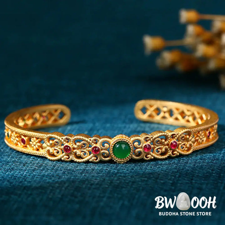 Buddha Stones Green Chalcedony 24k Gold Plated Copper Strength Cuff Bracelet Bangle - BWOOOH - Green Chalcedony