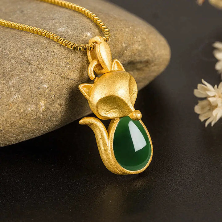BWOOOH Green Chalcedony Fox Pattern Courage Necklace Pendant — natural green chalcedony with fox motif carving