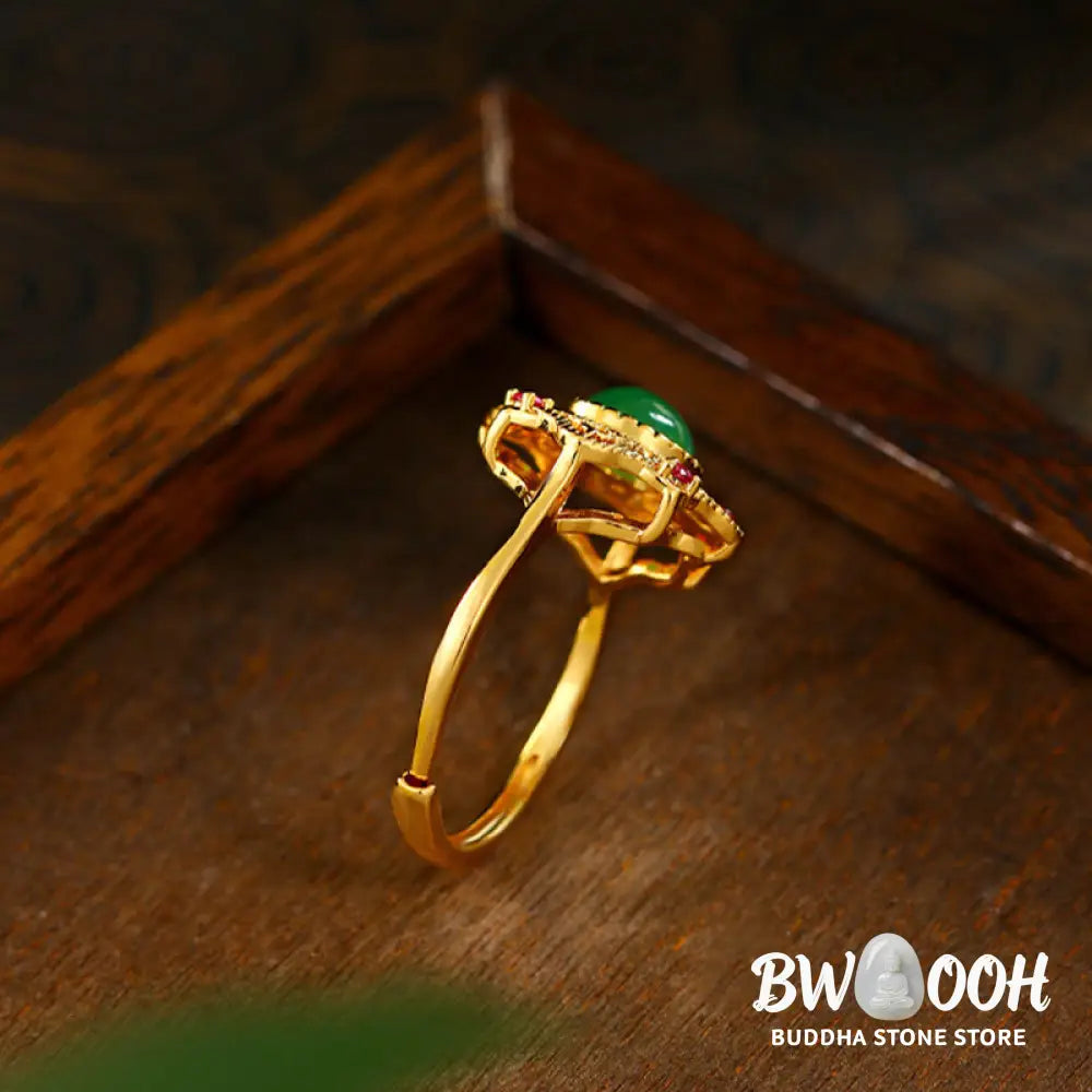 Buddha Stones Green Chalcedony Hollow Pattern Strength Adjustable Ring - 44-46.5mm(Adjustable) - Ring