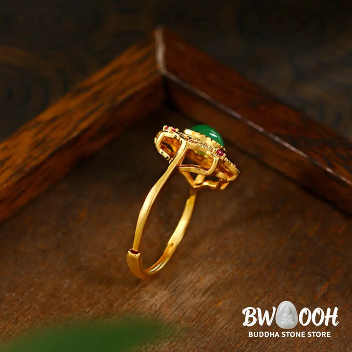 Buddha Stones Green Chalcedony Hollow Pattern Strength Adjustable Ring - 44-46.5mm(Adjustable) - Ring