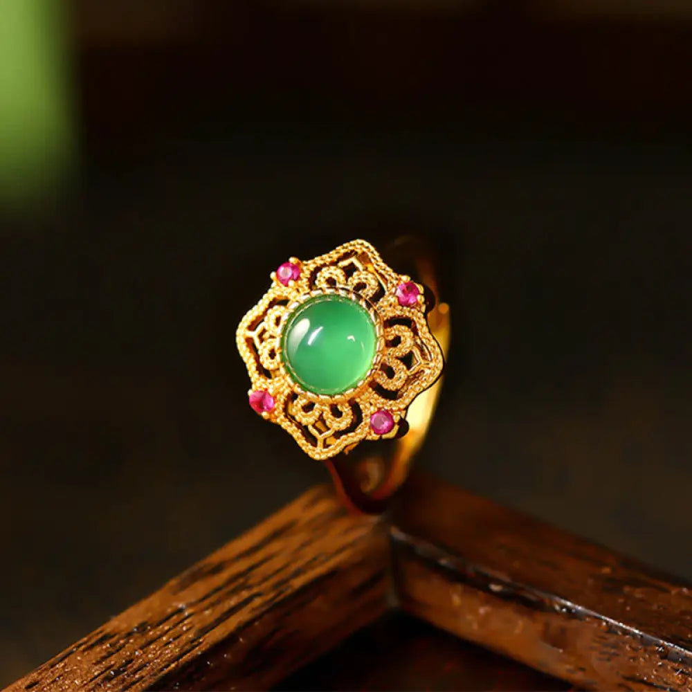 BWOOOH Green Chalcedony Hollow Pattern Strength Adjustable Ring — natural stone crystal healing bracelet for spiritual hea...