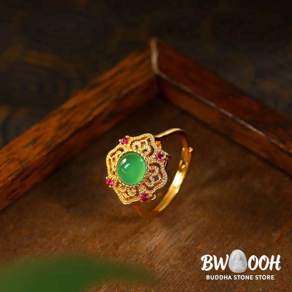 Buddha Stones Green Chalcedony Hollow Pattern Strength Adjustable Ring - 44-46.5mm(Adjustable) - Ring