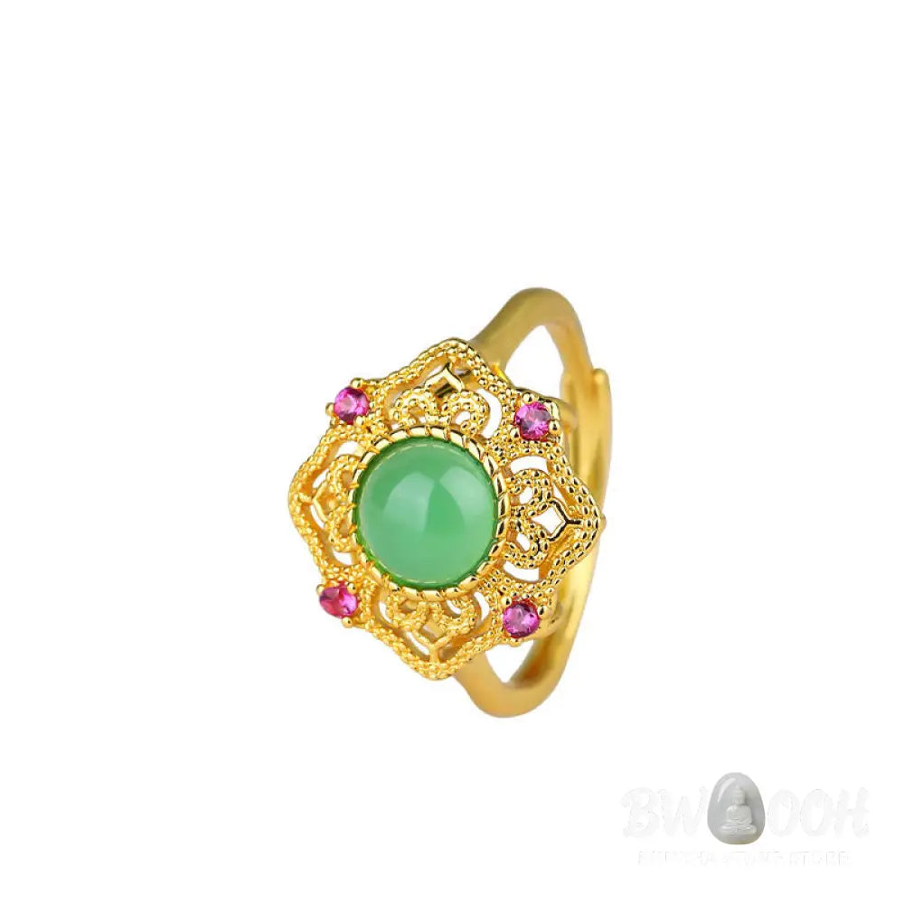 Buddha Stones Green Chalcedony Hollow Pattern Strength Adjustable Ring - 44-46.5mm(Adjustable) - Ring