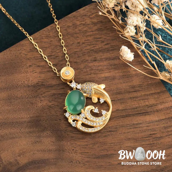 Buddha Stones Green Chalcedony Koi Fish Strength Necklace Pendant - BWOOOH - Koi Fish Green Chalcedony - Necklaces &amp;