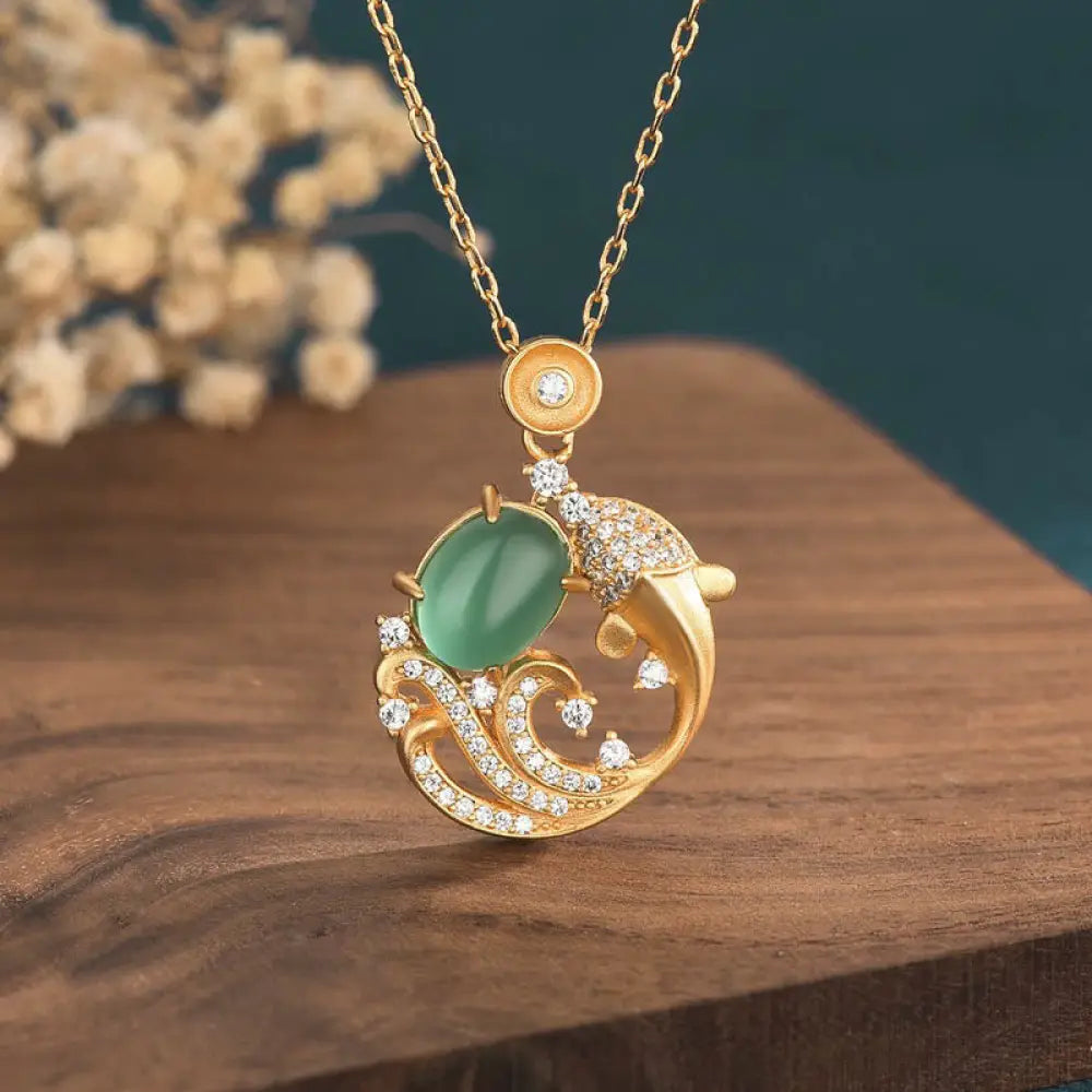 Buddha Stones Green Chalcedony Koi Fish Strength Necklace Pendant - BWOOOH - Koi Fish Green Chalcedony - Necklaces &