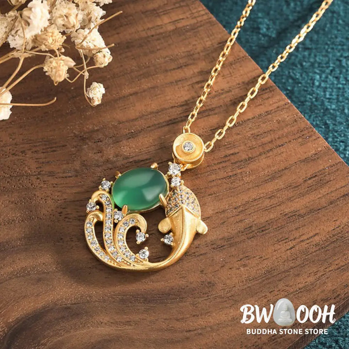 Buddha Stones Green Chalcedony Koi Fish Strength Necklace Pendant - BWOOOH - Koi Fish Green Chalcedony - Necklaces &amp;