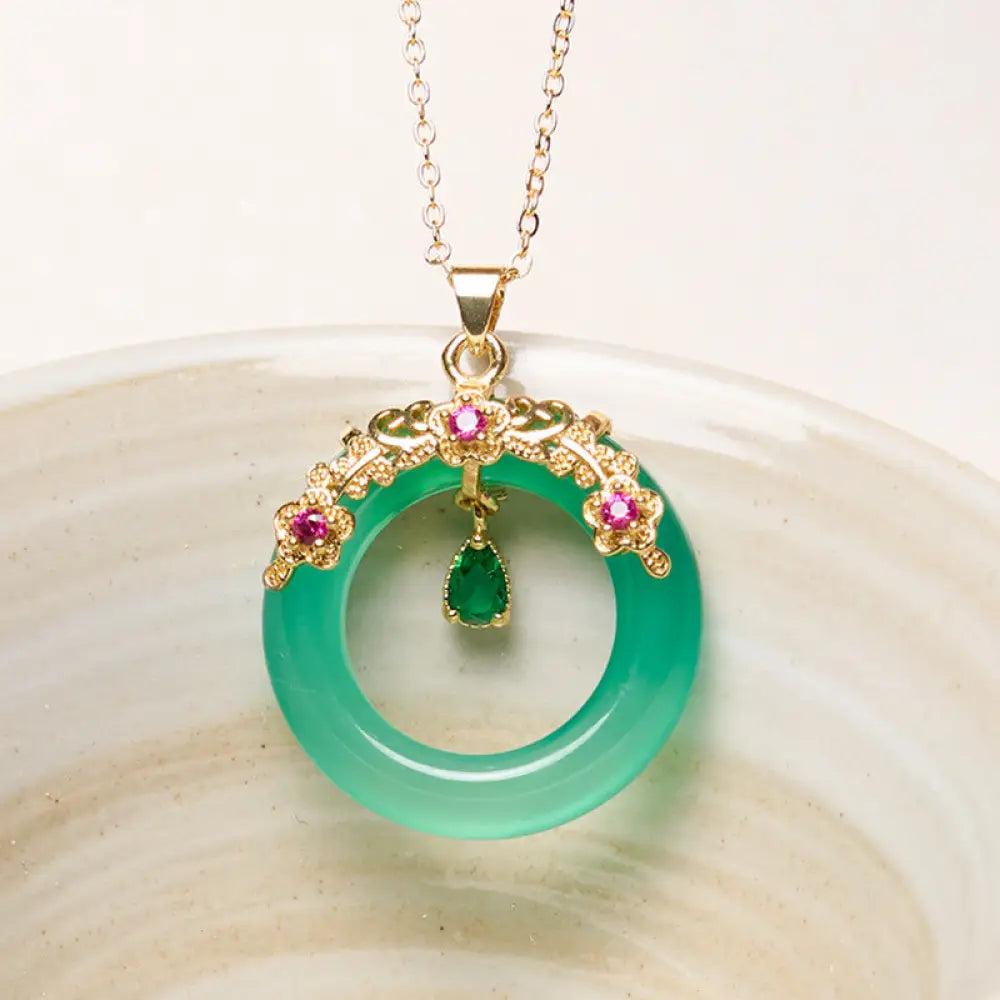 Buddha Stones Green Chalcedony Peace Buckle Design Strength Necklace Pendant - BWOOOH - Green Chalcedony - Necklaces &